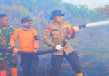 Kapolres AKBP Suwinto Berjibaku Padamkan Api di Lahan Gambut Kecamatan Teluk Meranti