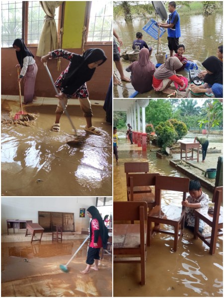 Sekolah Penuh Lumpur Pasca Banjir, Siswa dan Guru SDN 001 Desa Rantau Baru Mulai Bersih-bersih