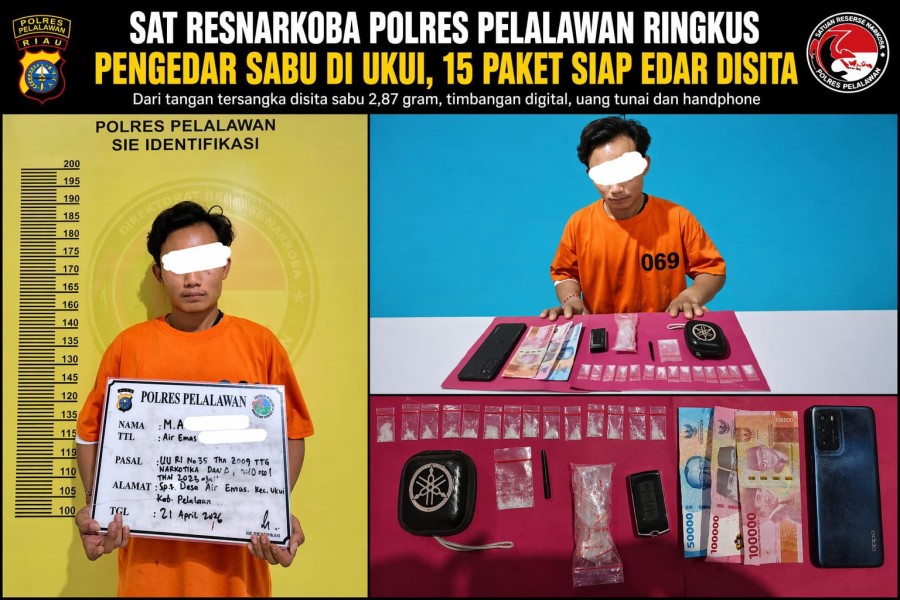 Sat Resnarkoba Polres Pelalawan Ringkus Pengedar Sabu di Ukui, 15 Paket Siap Edar Disita
