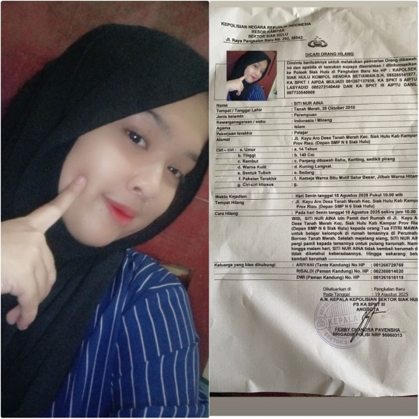 Siswi SMP di Kampar, Siti Nur Aina Dilaporkan Hilang Usai Pamit Belajar Kelompok